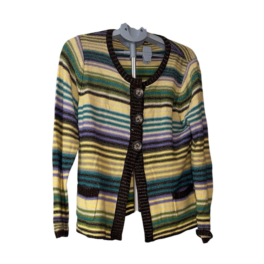 Mountain Lake Petite XL Cardigan Sweater Multi Color Striped Metallic Knit Brown